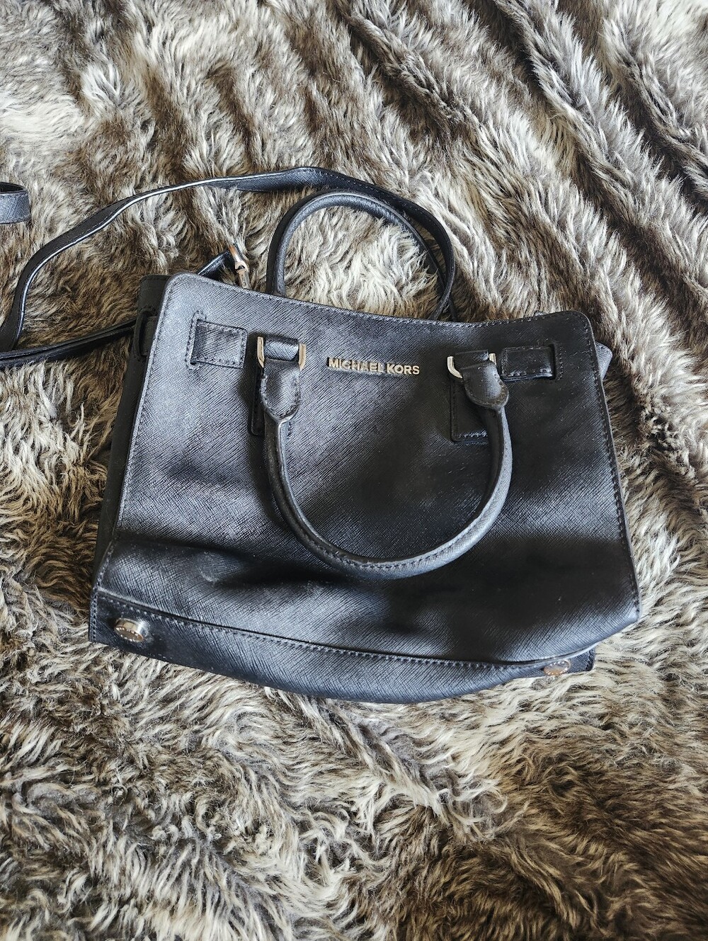Michael Kors Black Leather Satchel with Gold Logo Crossbody Purdr